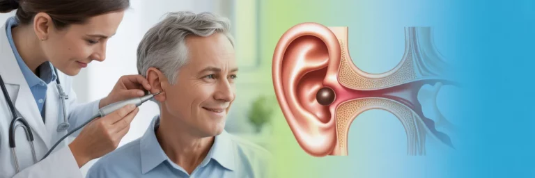 Clinician gently examining an older adult’s ear in a bright clinic