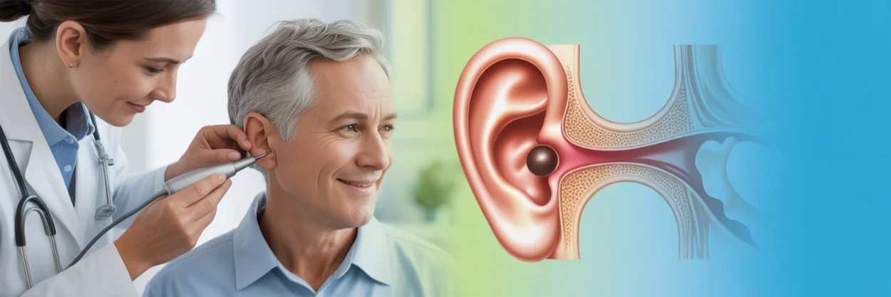 Clinician gently examining an older adult’s ear in a bright clinic