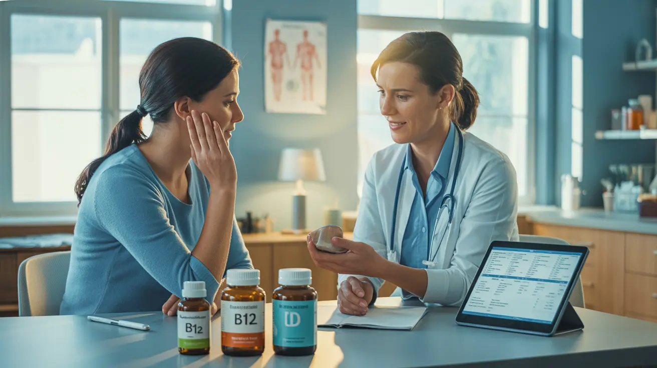 Healthcare professional consulting with tired but hopeful patient in modern UK medical clinic. Vitamin B12 and D supplements on desk, natural daylight, trustworthy wellness environment